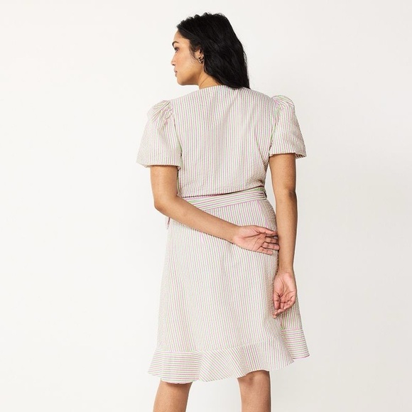 DRAPER JAMES RSVP Puff Sleeve Faux-Wrap Dress Pink and Green Striped XS - Picture 2 of 9